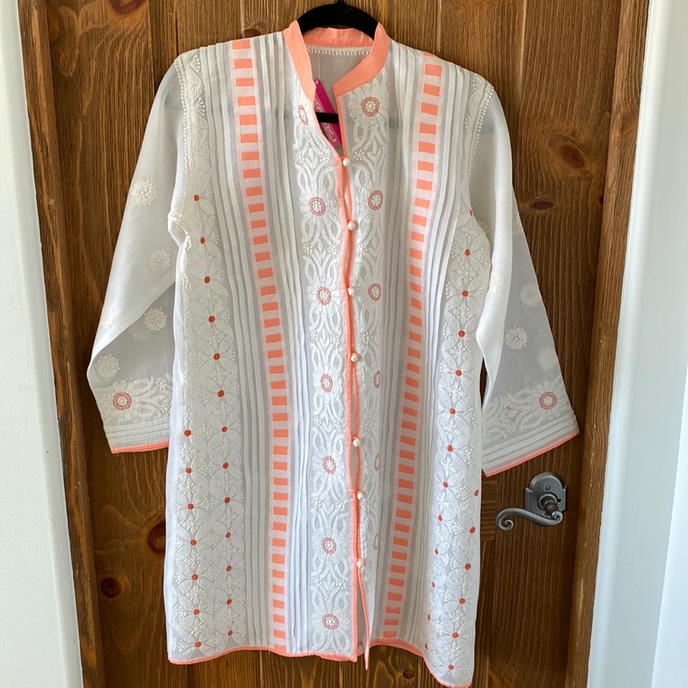 Beautiful nwt white cotton embroidered swim coverup with coral trim. L